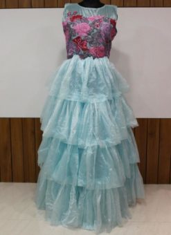 Luxurious Sky Blue Net Designer Wedding Wear Gown