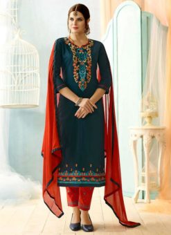 Teal Green Cotton Embroidered Work Straight Salwar Suit