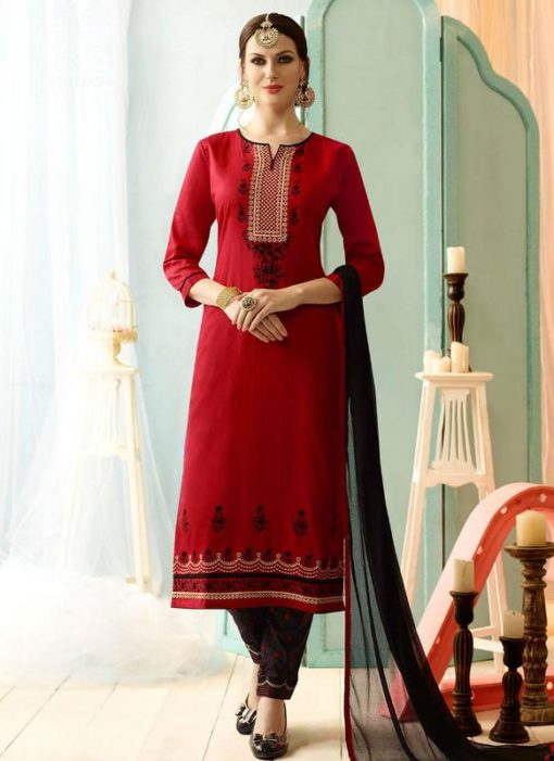 Red Cotton Party Wear Salwar Suit