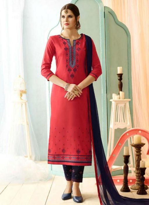 Pink Cotton Embroidered Work Salwar Suit