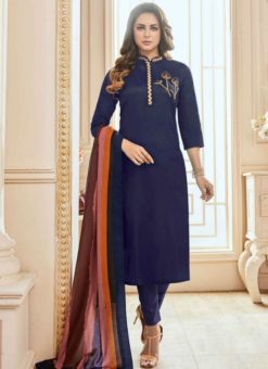 Beautiful Navy Blue Cotton Top Embroidered And Digital Printed Dupatta Stitched Kurti