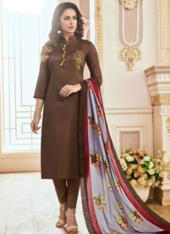 Blissful Brown Cotton Top Embroidered And Digital Printed Dupatta Stitched Kurti