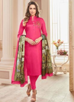 Glorious Pink Cotton Top Embroidered And Digital Printed Dupatta Stitched Kurti