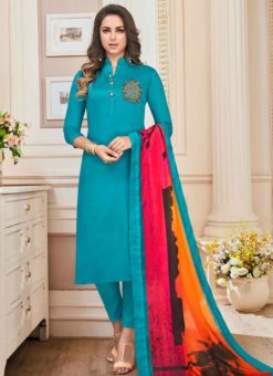 Incredible Sky Blue Cotton Top Embroidered And Digital Printed Dupatta Stitched Kurti