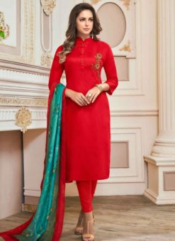 Ravishing Red Cotton Top Embroidered And Digital Printed Dupatta Stitched Kurti