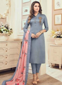 Amazing Grey Cotton Top Embroidered And Digital Printed Dupatta Stitched Kurti