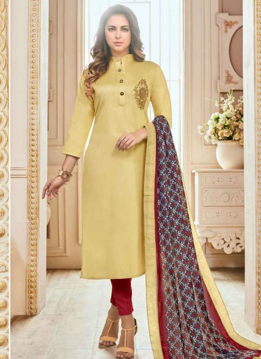 Attractive Yellow Cotton Top Embroidered And Digital Printed Dupatta Stitched Kurti