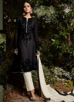 Excellent Black Gerogette Embroidered Work Party Wear Straight Suit
