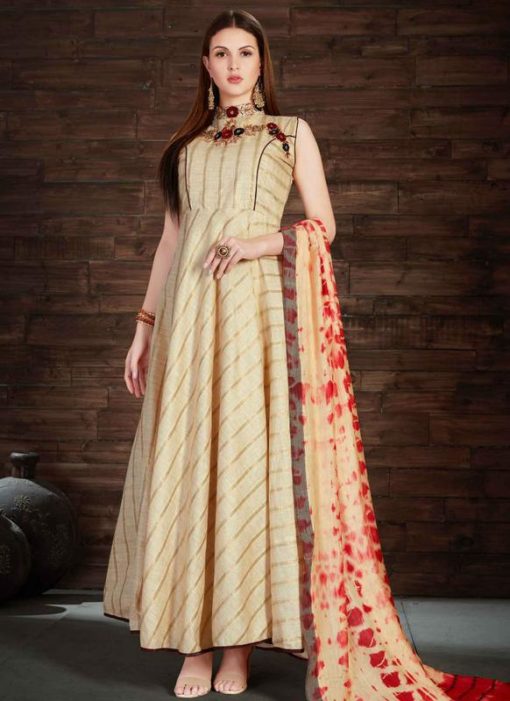 Beautiful Cream Silk Designer Anarkali Salwar Kameez