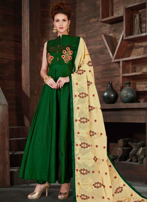 wonderful Green Silk Designer Anarkali Salwar Kameez