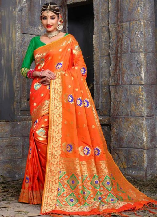 Remarkable Orange Banarasi Silk Multicolor Meenakari Work Saree