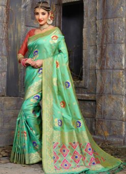 Marvellous Green Banarasi Silk Multicolor Meenakari Work Saree