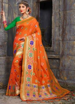 Alluring Orange Banarasi Silk Multicolor Meenakari Work Saree