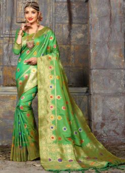 Amazing Green Banarasi Silk Multicolor Meenakari Work Saree