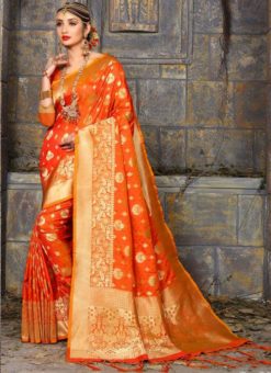 Stunning Orange Banarasi Silk Multicolor Meenakari Work Saree