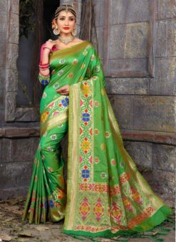 Fabulous Green Banarasi Silk Multicolor Meenakari Work Saree