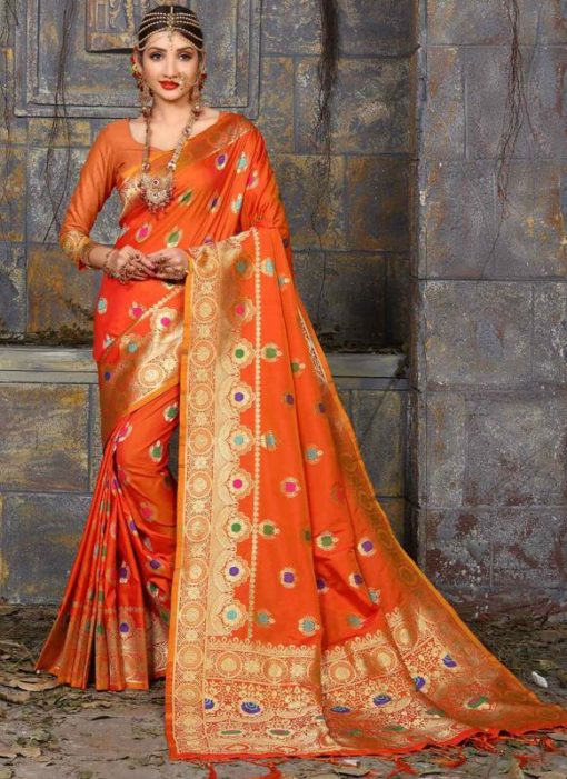 Excellent Orange Banarasi Silk Multicolor Meenakari Work Saree