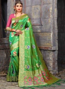 Groovy Green Banarasi Silk Multicolor Meenakari Work Saree