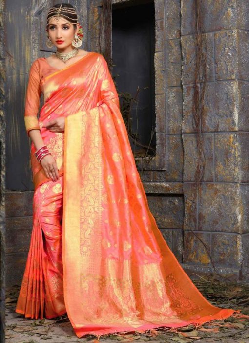 Wonderful Peach Banarasi Silk Multicolor Meenakari Work Saree