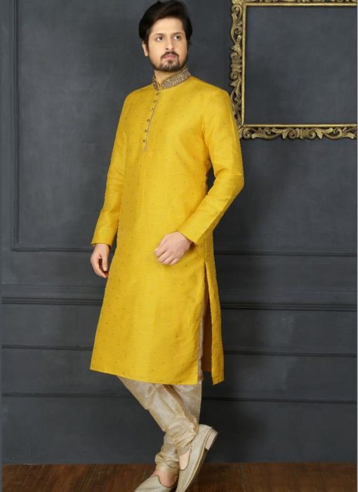 Spectacular Yellow Banarasi Silk Party Wear Mens Kurta Pajama