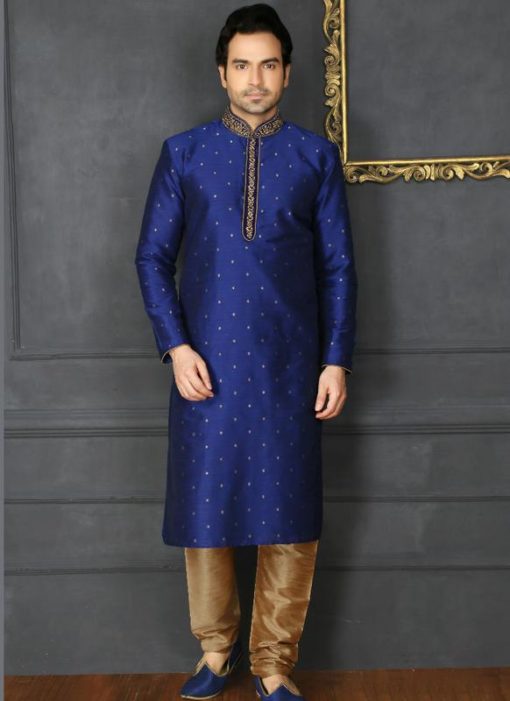 Elegant Blue Banarasi Silk Party Wear Mens Kurta Pajama