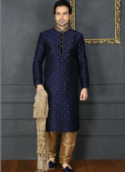 Wonderful Blue Banarasi Silk Party Wear Mens Kurta Pajama