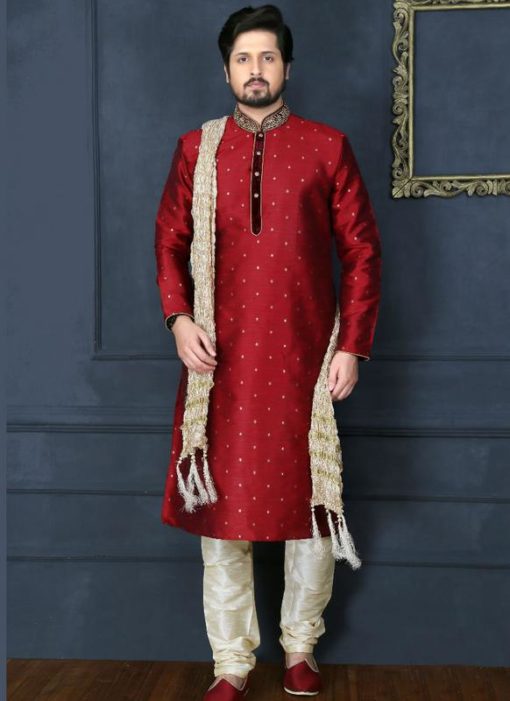 Magnificent Maroon Banarasi Silk Party Wear Mens Kurta Pajama