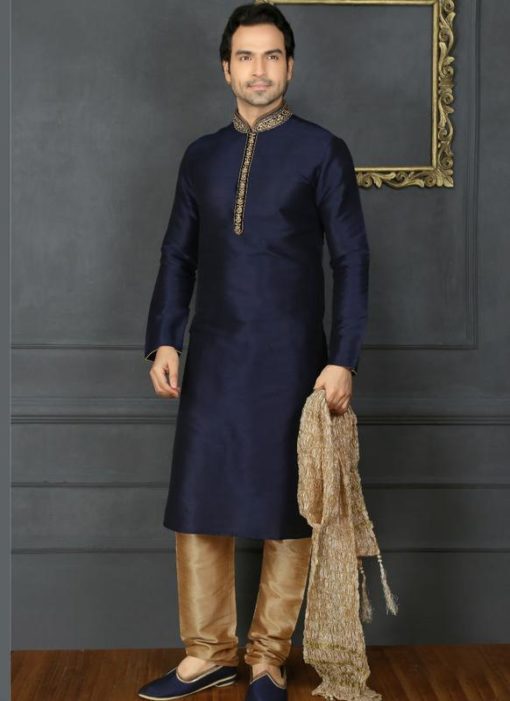 Attractive Blue Banarasi Silk Party Wear Mens Kurta Pajama