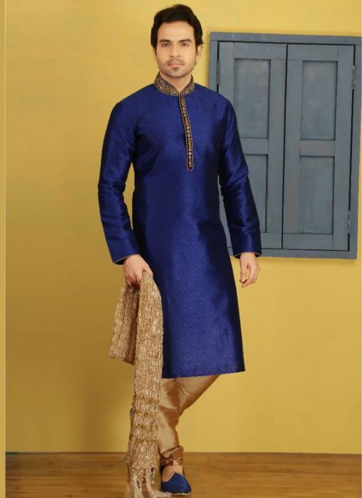Superb Blue Banarasi Silk Party Wear Mens Kurta Pajama