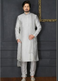 Remarkable Off White Banarasi Silk Party Wear Mens Kurta Pajama