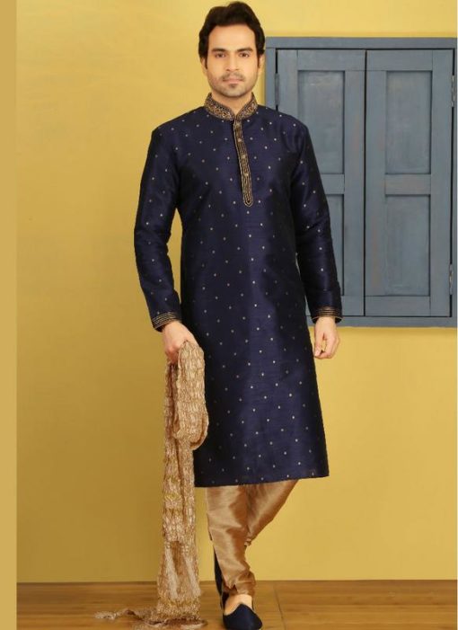 Memorable Blue Banarasi Silk Party Wear Mens Kurta Pajama
