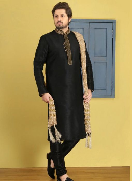 Glorious Black Banarasi Silk Party Wear Mens Kurta Pajama