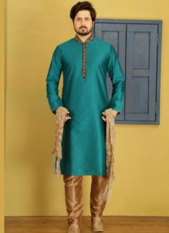 Marvellous Teal Banarasi Silk Party Wear Mens Kurta Pajama