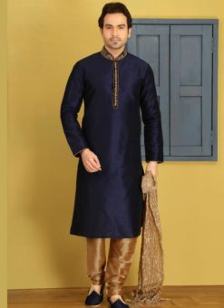 Amazing Blue Banarasi Silk Party Wear Mens Kurta Pajama