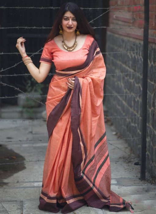 Lovely Cotton Peach Traditional Saree