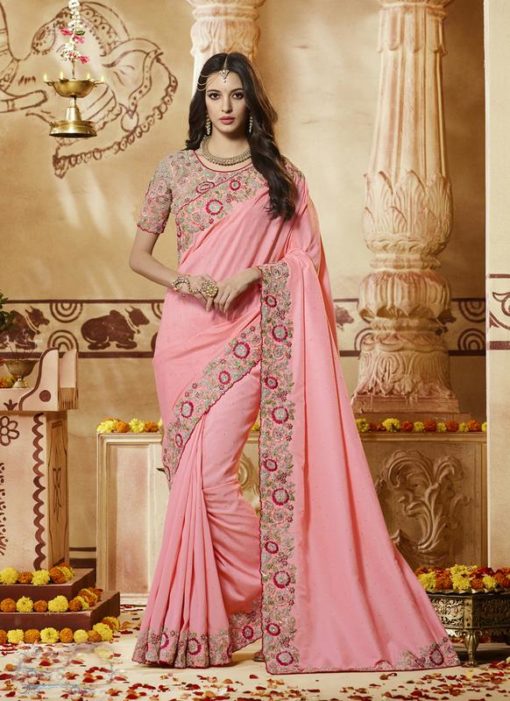 Delightful Pink Party Wear Silk Embroidered Work Saree