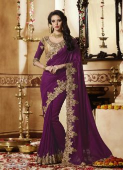 Wonderful Purple Silk Designer Embroidered Work Party Wear Saree