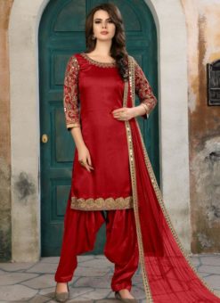 Excellent Red Party Wear Silk Patiyala Salwar Kameez