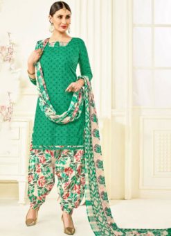 Wonderful Green Printed Cotton Pujnabi Dress