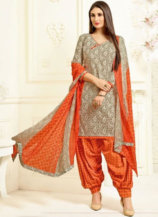 Beautiful Orange Printed Cotton Punjabi Dress