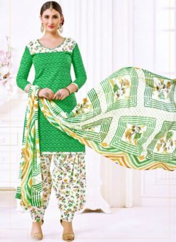 Captivating Green Cotton Printed Punjabi Dress