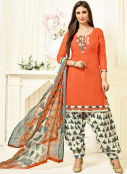 Delightful Orange Cotton Printed Punjabi Dress