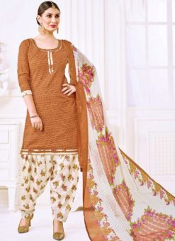 Charming Brown Printed Cotton Punjabi Dress