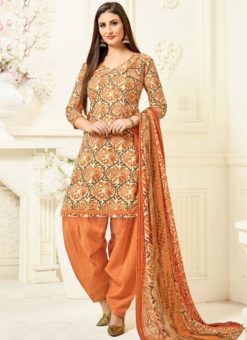 Graceful Peach Printed Cotton Punjabi Dress