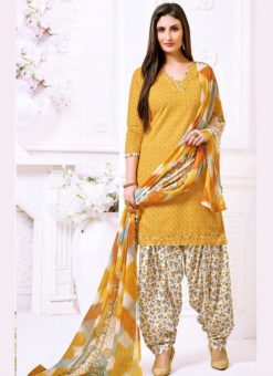 Elegant Cotton Yellow Printed Punjabi Dress