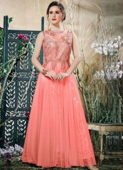 Elegant Peach Net Designer Party Wear Gown