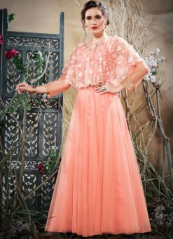 Attractive Peach Net Party Wear Designer Gown