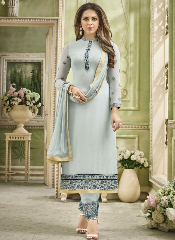 New Latest Mode Sky-Blue Color Frock Suit Design For Girls