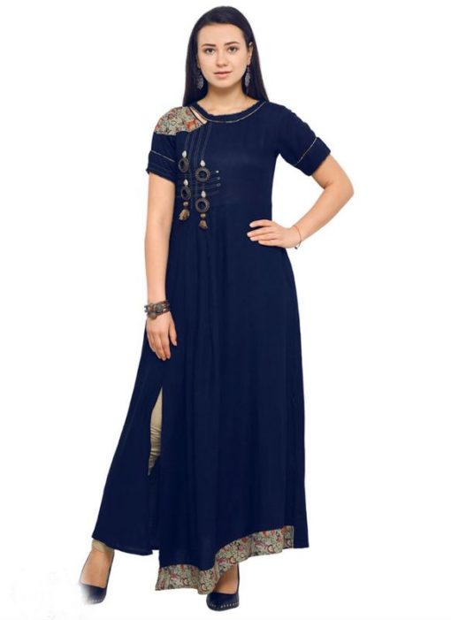 Attractive Blue Rayon Cotton Party Wear Long Kurti