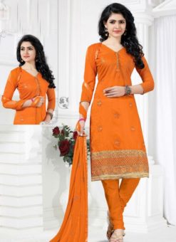 Exquisite Orange Chanderi Silk Party Wear Churidar Suit